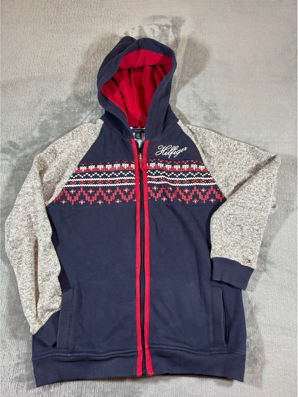 Tommy Hilfiger Hoodie Boys Full Zip Up XL Classic Gray Navy Red Cotton Blend
